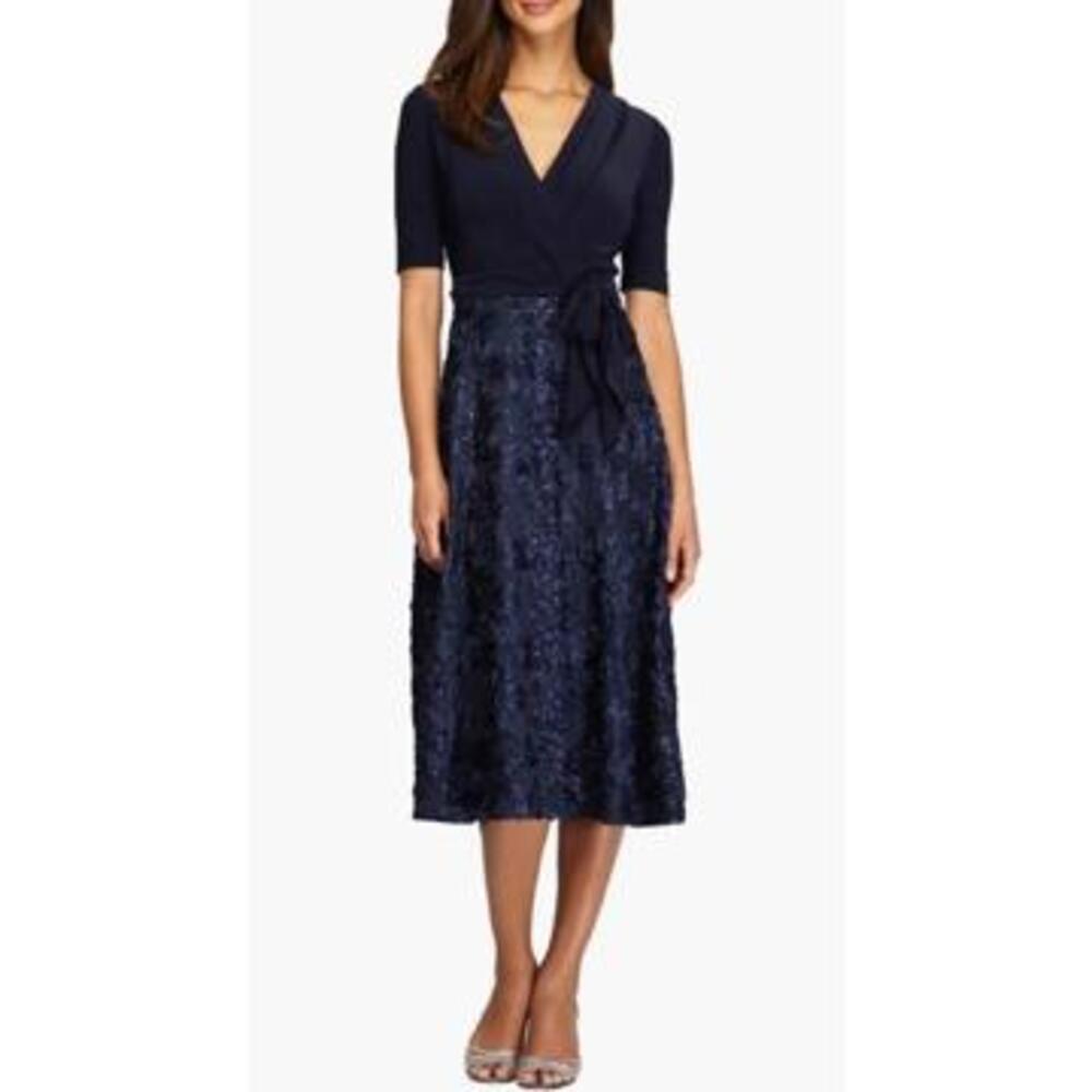 Alex Evenings Embellished Surplice Navy Cocktail Dress, Size 16P